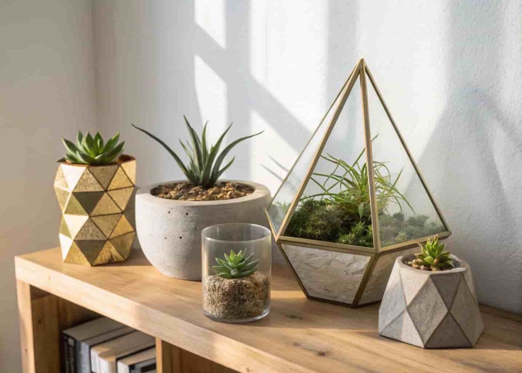 A modern shelf display with gold faceted planters, a triangular glass terrarium, and a concrete geometric pot holding a small snake plant in warm natural light.