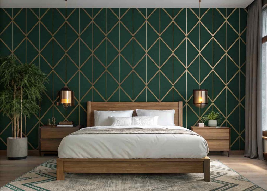 A bedroom with a deep forest green diamond trellis geometric wallpaper feature wall, white linen bedding, oak wood bed frame, and brass bedside lamps.