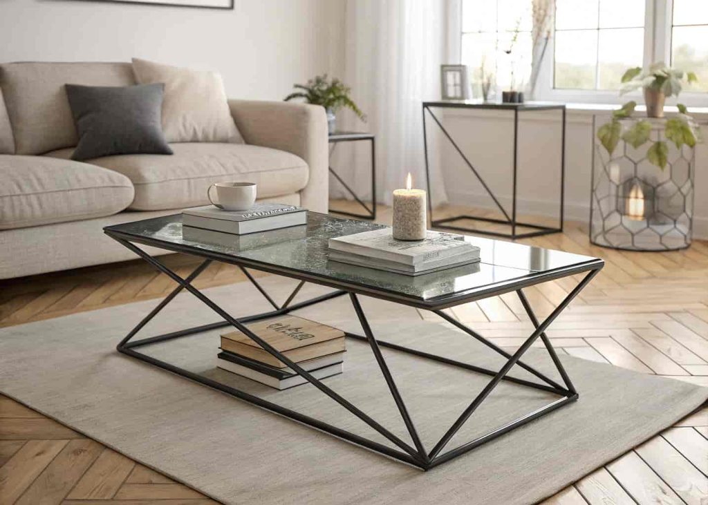 A minimalist living room with a geometric asymmetric coffee table in smoked glass and matte black metal, styled with design books, a ceramic candle, and a small planter.