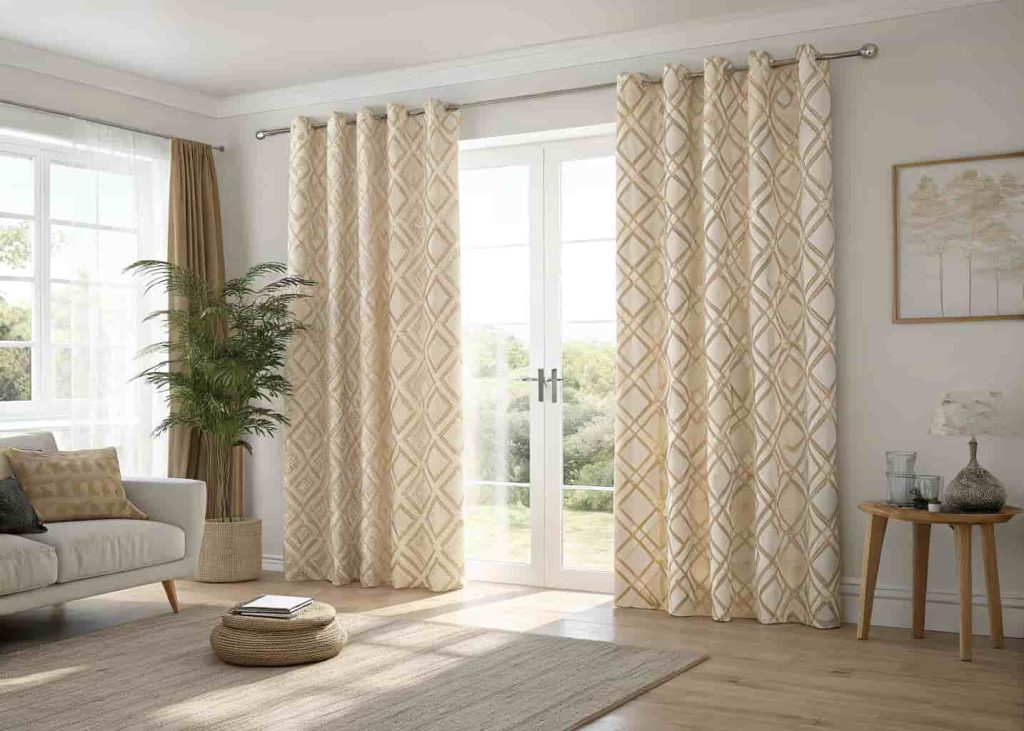 A bright living room with floor-to-ceiling linen geometric diamond-pattern curtains in warm sand and cream, with natural sunlight filtering through beside a minimalist sofa and indoor plant.