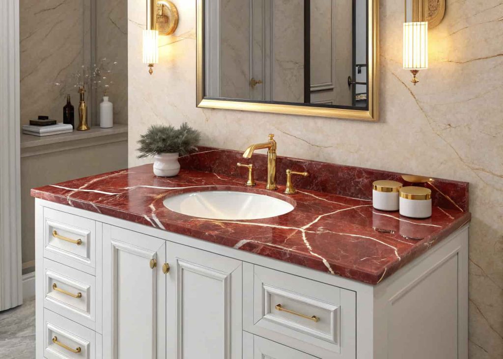 Red marble vanity with undermount sink and gold faucet in a designer bathroom setting.