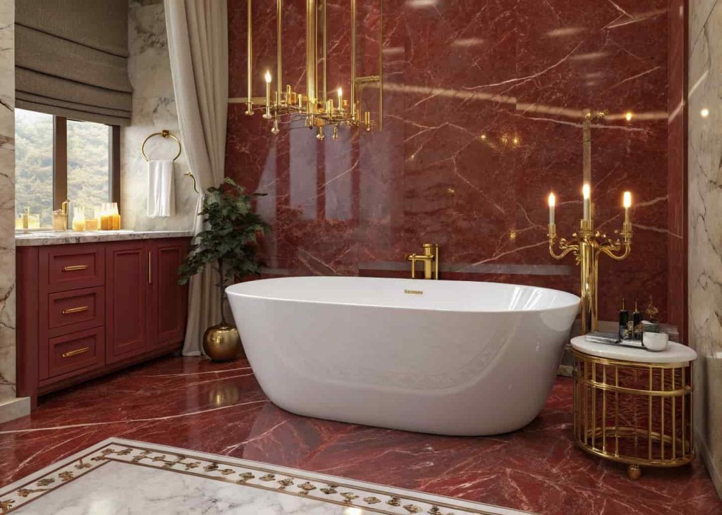 Freestanding bathtub with red marble surround in a luxurious spa-inspired bathroom.