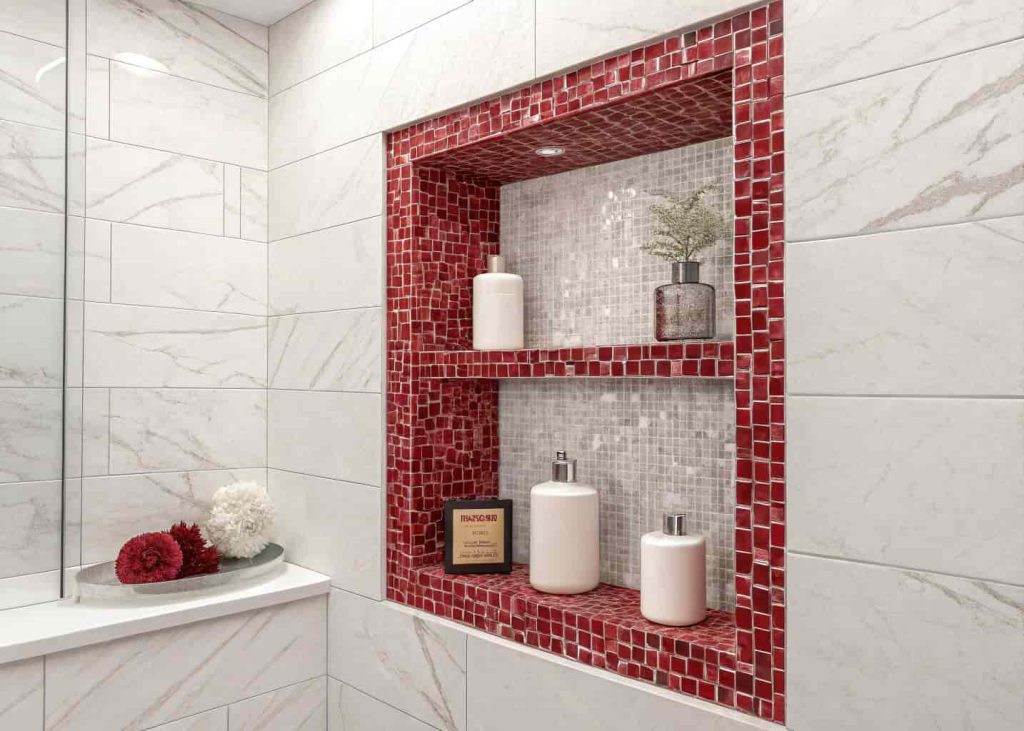  Red marble mosaic accent niche in a white shower wall for a stylish and luxurious bathroom detail.