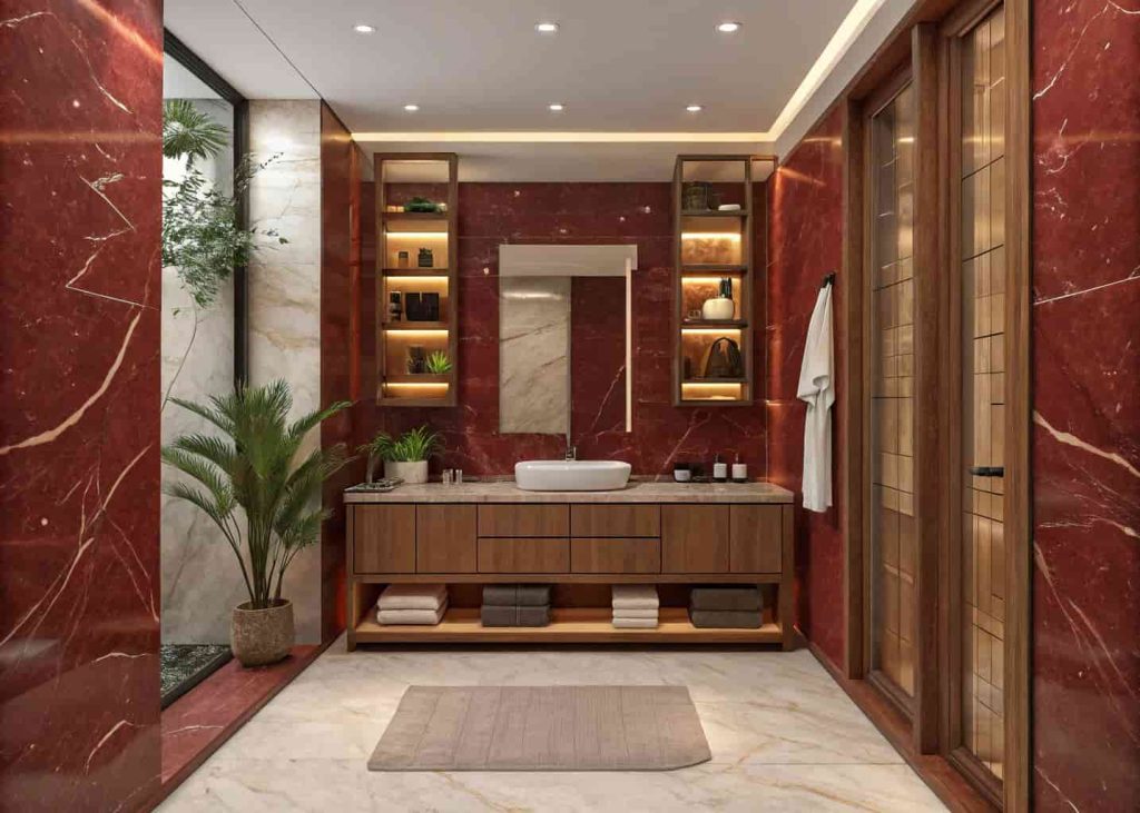 Red marble and natural wood bathroom combining luxury marble with warm organic wood tones.