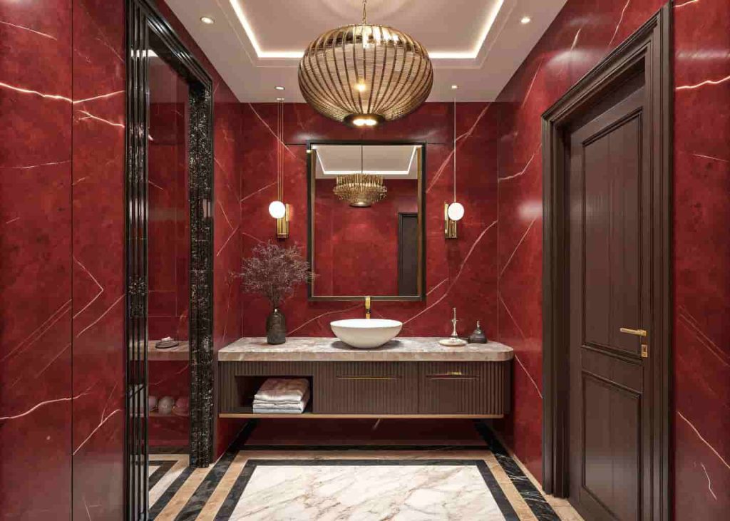 Full red marble powder room with vessel sink and dramatic pendant light for a bold designer statement.