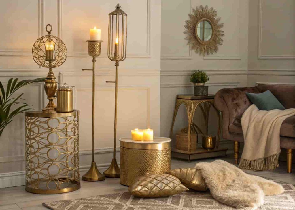 Brushed brass pendant light casting a warm golden glow over a wooden dining table with simple linen table setting in a cozy home interior