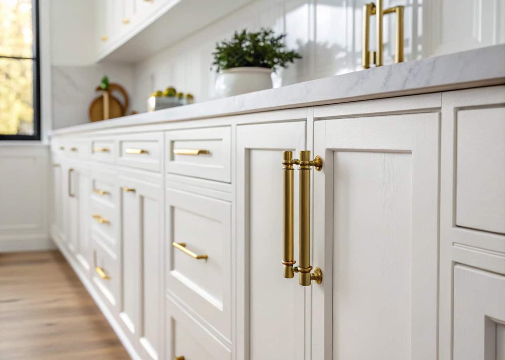 Unlacquered brass cabinet pulls with warm patina installed on white kitchen cabinets in a clean minimal kitchen setting