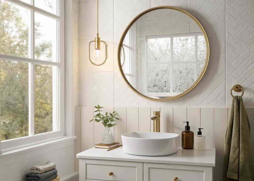 Round brass-framed mirror mounted above a white bathroom sink with natural light and small brass accessories creating a warm boutique hotel feel