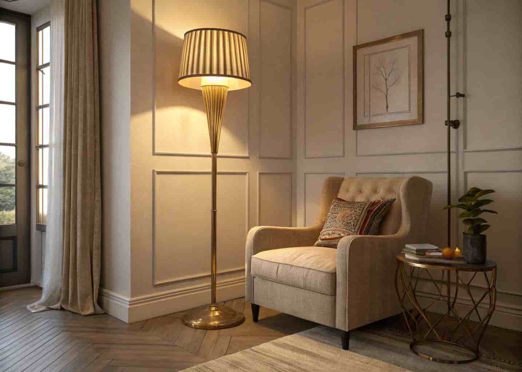 Tall brass floor lamp in a living room corner casting warm golden ambient light beside a cozy armchair with soft shadows on neutral walls