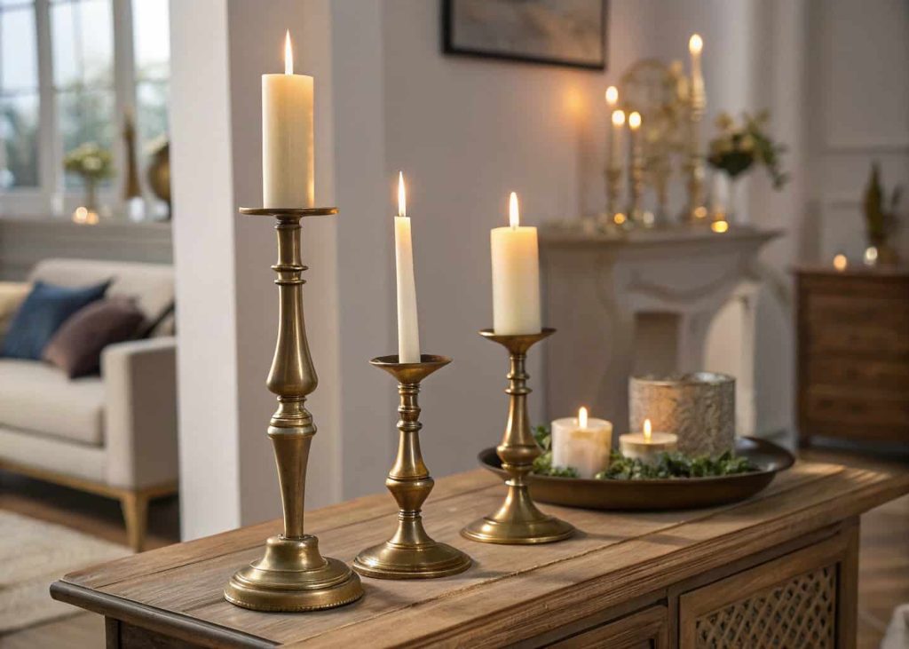  Three brass taper candle holders of different heights with lit ivory candles on a wooden console table creating a warm romantic golden glow