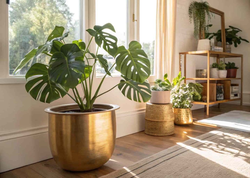 A bright living room corner with a large brass planter holding a lush monstera plant, sunlight streaming in through nearby window, smaller brass planters on a shelf in background, warm natural home interior photography