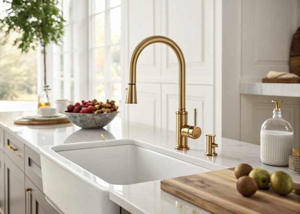 Sleek brushed brass kitchen faucet installed over a white farmhouse sink with natural light creating warm golden tones in a modern clean kitchen