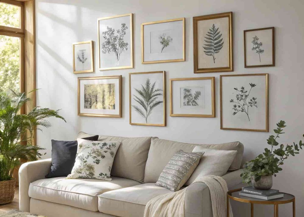 Curated gallery wall featuring thin brass picture frames with black and white photos and botanical prints displayed above a neutral linen sofa in a warm home interior