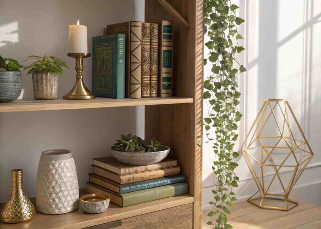 Styled bookshelf with brass geometric bookends, mixed books, ceramic vases, and a trailing plant creating a warm curated shelf display with soft natural light