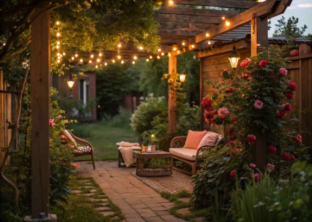 Whimsical backyard garden at twilight with warm Edison string lights hanging in a canopy overhead between wooden pergola posts, surrounded by climbing roses and lush greenery.