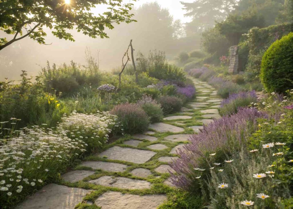  Winding stepping stone pathway through a whimsical cottage garden surrounded by lavender, foxgloves, and creeping ground cover plants in dappled sunlight.