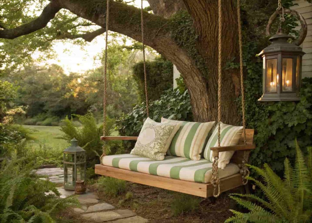Cozy wooden garden swing with striped cushion hanging from a large oak tree surrounded by climbing vines and ferns in a whimsical backyard garden.