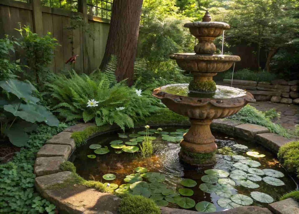  Vintage aged terracotta tiered garden fountain with water lilies and ferns in a shaded whimsical backyard corner with dappled light.