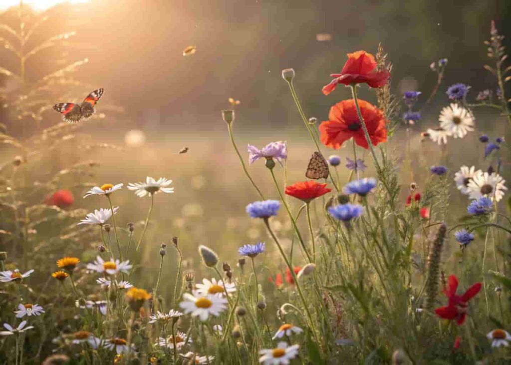 Colorful wildflower meadow patch in a sunny backyard garden with poppies, cornflowers, and daisies attracting butterflies and bees in warm golden light.