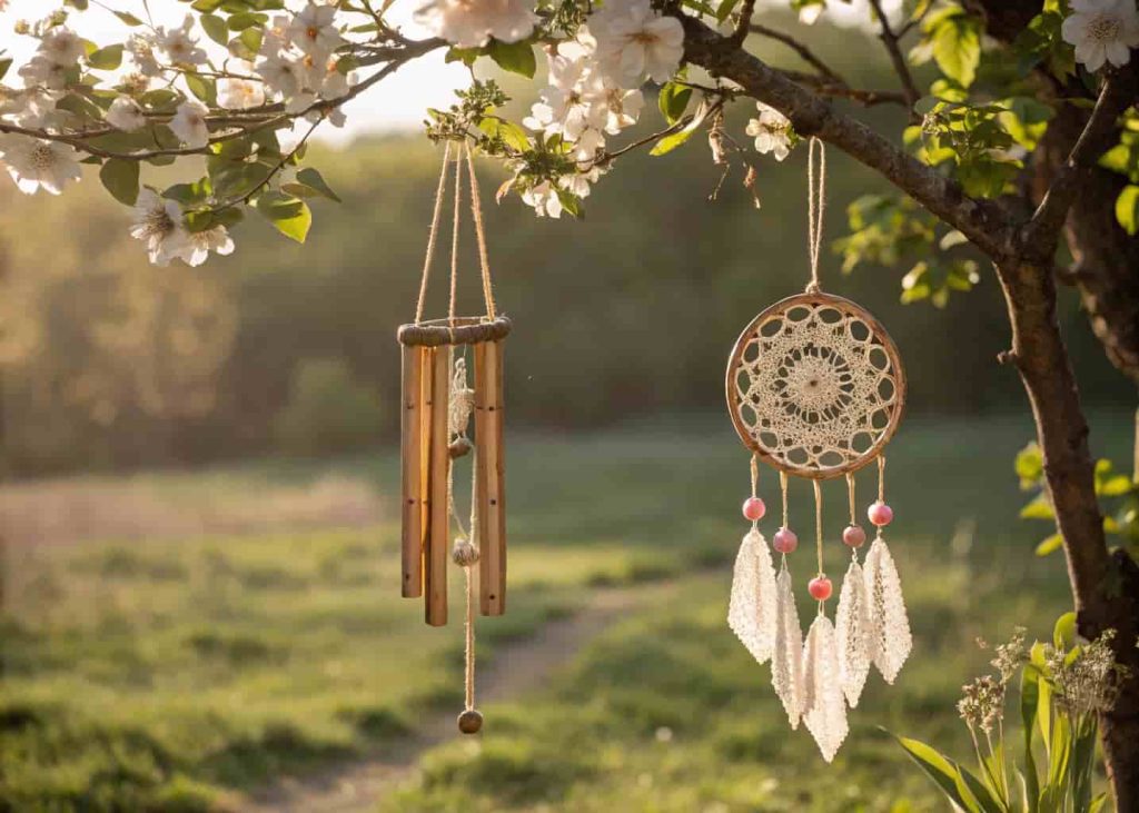 Copper wind chimes and macramé dreamcatcher hanging from a flowering garden tree branch in a whimsical bohemian backyard garden.