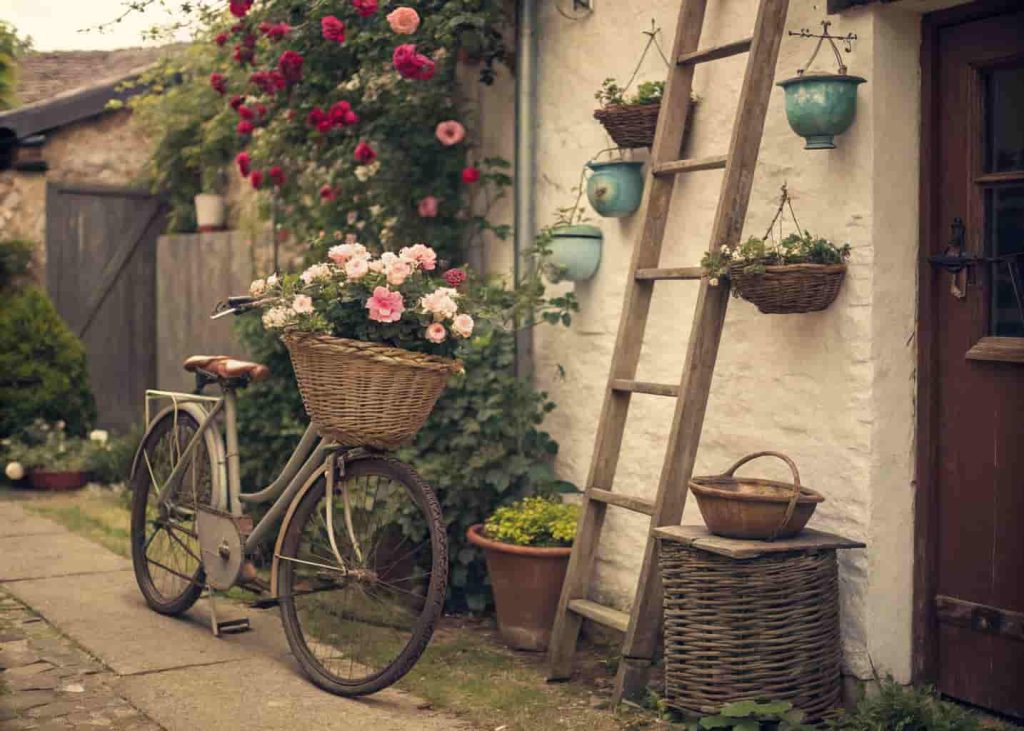 Upcycled vintage garden décor including an old bicycle with a flower basket and a wooden ladder with hanging potted plants in a whimsical cottage backyard.