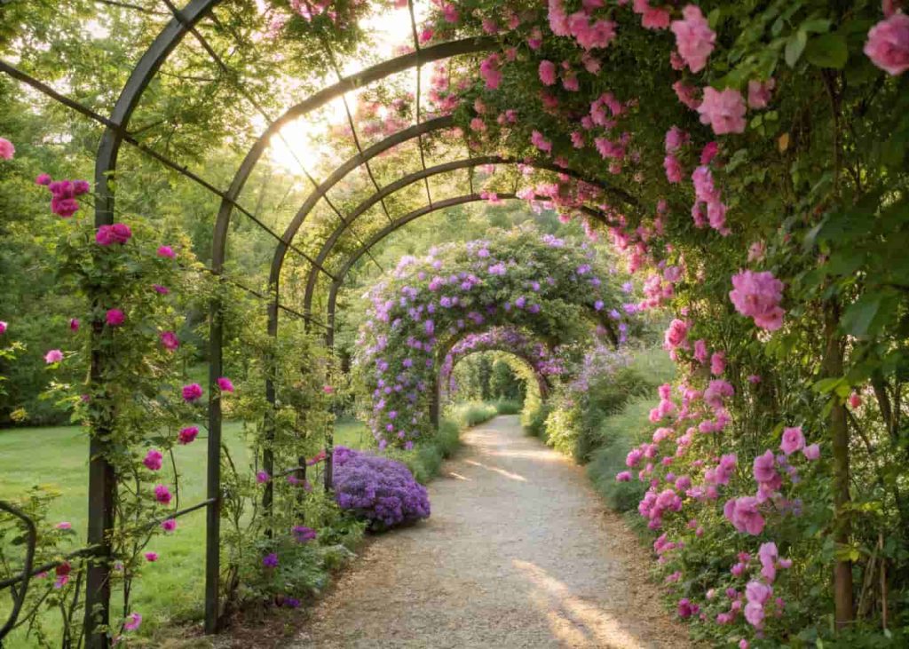 Magical floral garden tunnel of arched trellises covered in pink climbing roses and purple clematis with a gravel path running beneath in dappled sunlight.