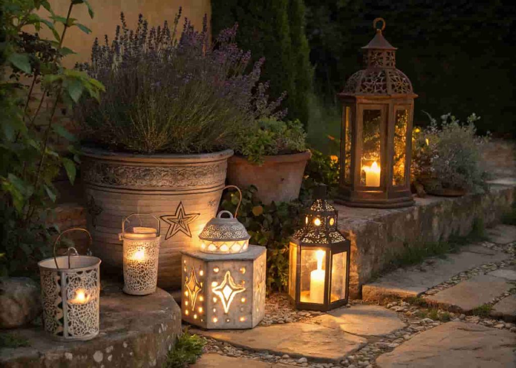  Cozy outdoor garden corner at night with a collection of Moroccan lanterns and glass candle holders casting warm golden light and decorative shadows among potted lavender plants.