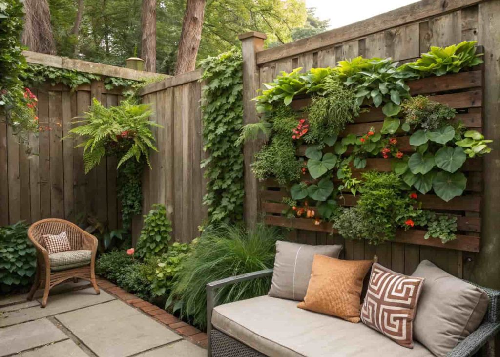 Lush vertical garden wall on a weathered wooden fence overflowing with trailing ferns, ivy, nasturtiums, and succulents in aged bronze planters in a whimsical backyard.