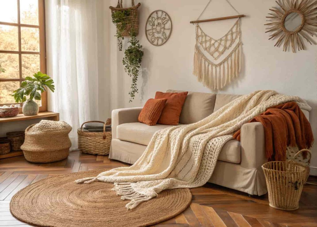 Bohemian living room showing layered textures with a chunky knit throw on a linen sofa, macramé wall art, and a fringed jute rug on wooden floors