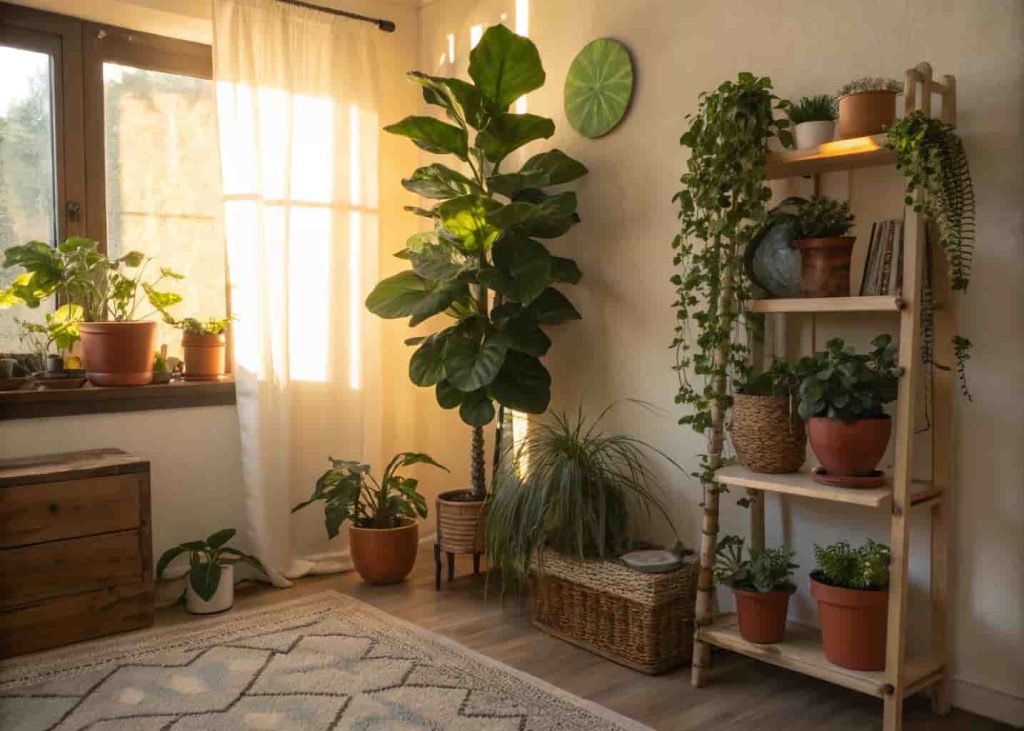 Cozy bohemian corner decorated with a large fiddle leaf fig, trailing pothos plant, and small succulents in terracotta pots with warm natural light
