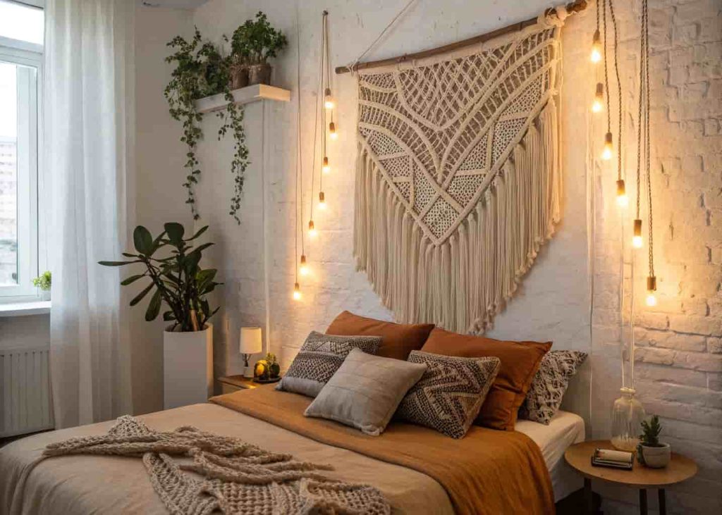 Large macramé wall hanging displayed above a bohemian bed with linen pillows, warm lighting, and earthy toned bedding