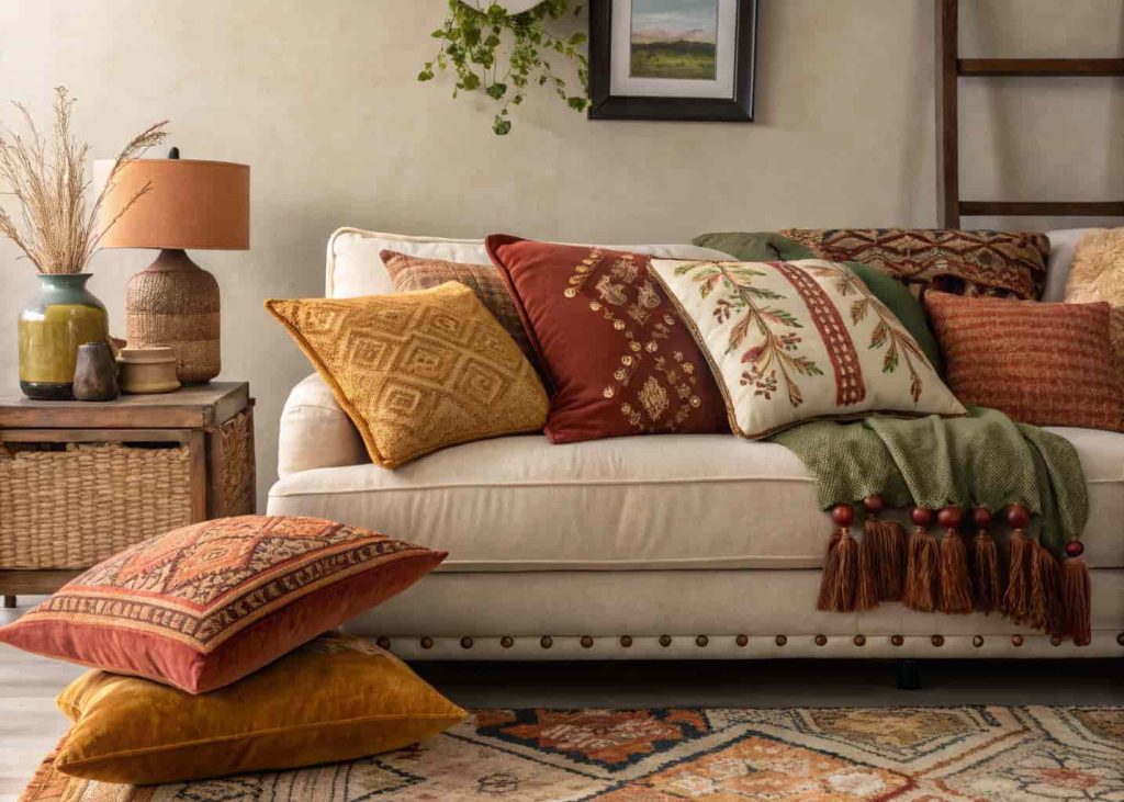 Bohemian sofa with a variety of mismatched throw pillows in rust, mustard, terracotta, and olive tones with different textures and patterns