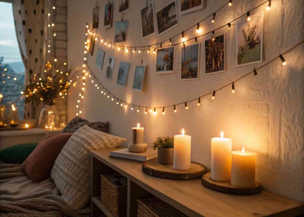 Bohemian bedroom corner with warm fairy lights draped across the wall and a cluster of candles on a wooden shelf creating a cozy amber glow