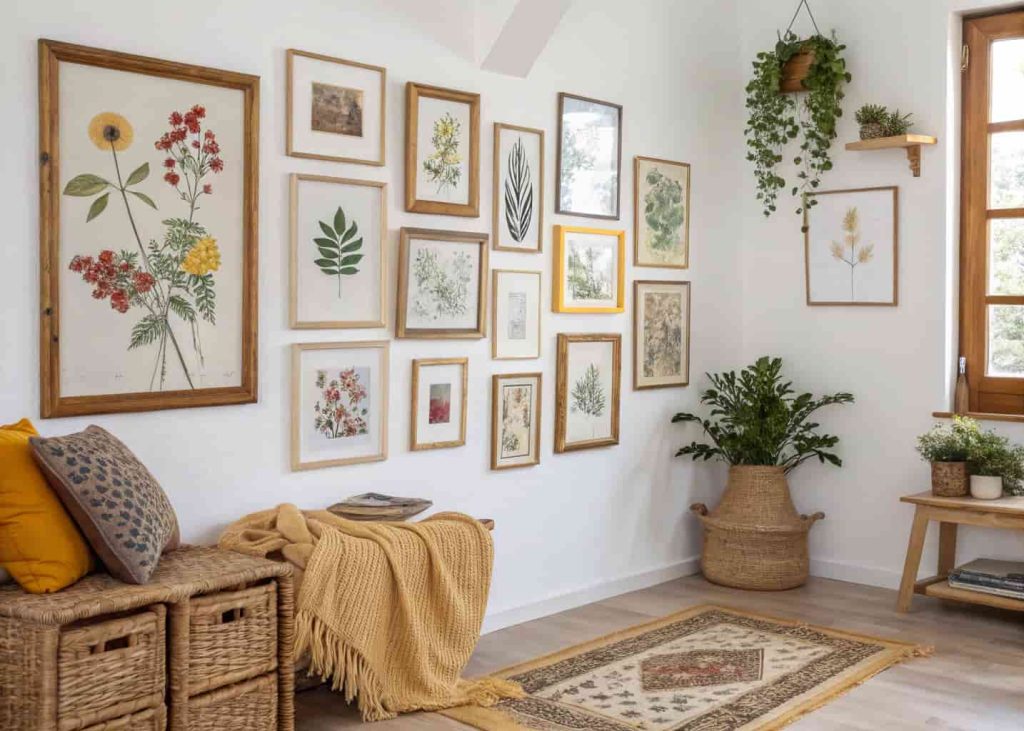 Bohemian gallery wall with a mix of vintage gold and wooden frames containing botanical prints, pressed flowers, postcards, and fabric art arranged on a warm white wall