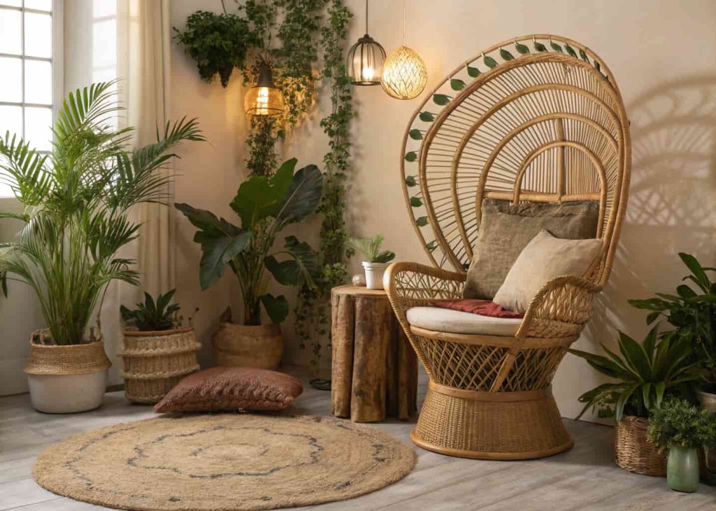 Natural rattan peacock chair with an earthy cushion in a bohemian corner surrounded by plants, a woven rug, and warm soft lighting