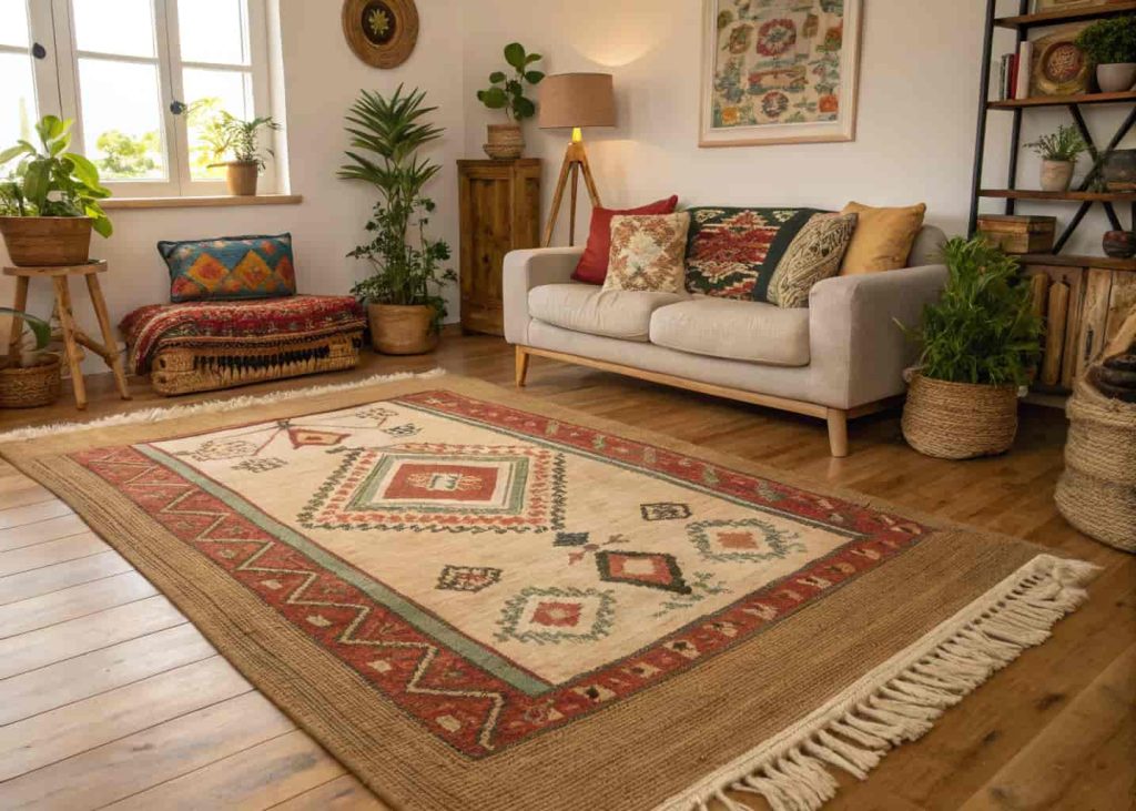Bohemian living room floor with a colorful vintage kilim rug layered over a large jute base rug, surrounded by boho furniture and warm lighting