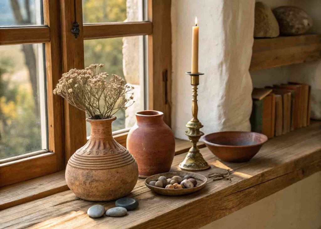 Bohemian shelf vignette with a clay pot, brass candlestick, river stones, dried flowers, and wooden bowl displayed together in warm natural light