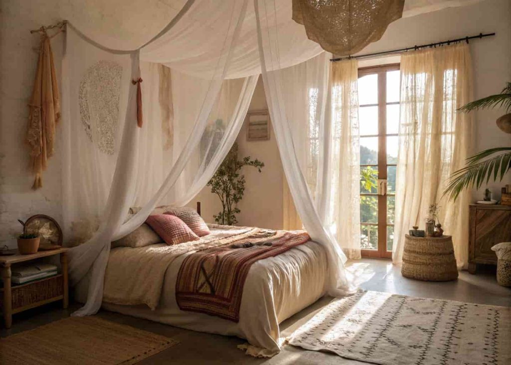 Bohemian bedroom with flowing sheer fabric canopy over the bed and loose muslin curtains at the window in soft morning light