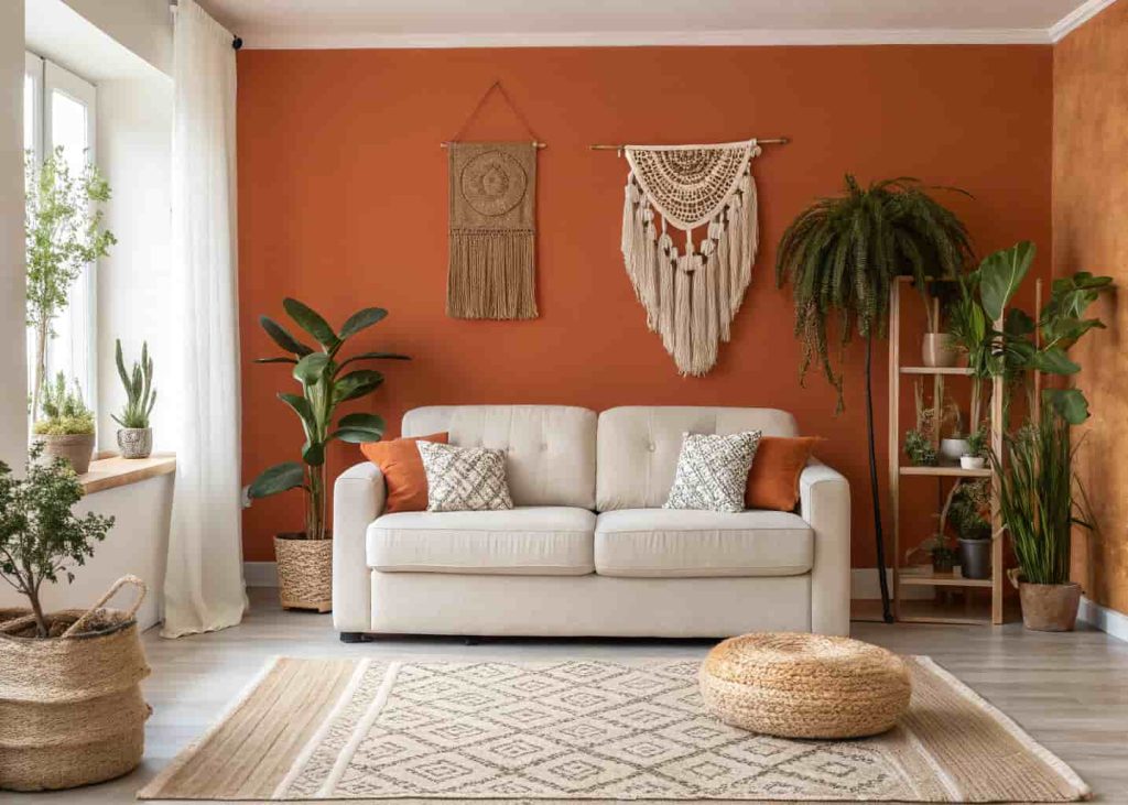 Bohemian living room with a warm terracotta accent wall behind a linen sofa, white surrounding walls, woven rug, macramé art, and houseplants