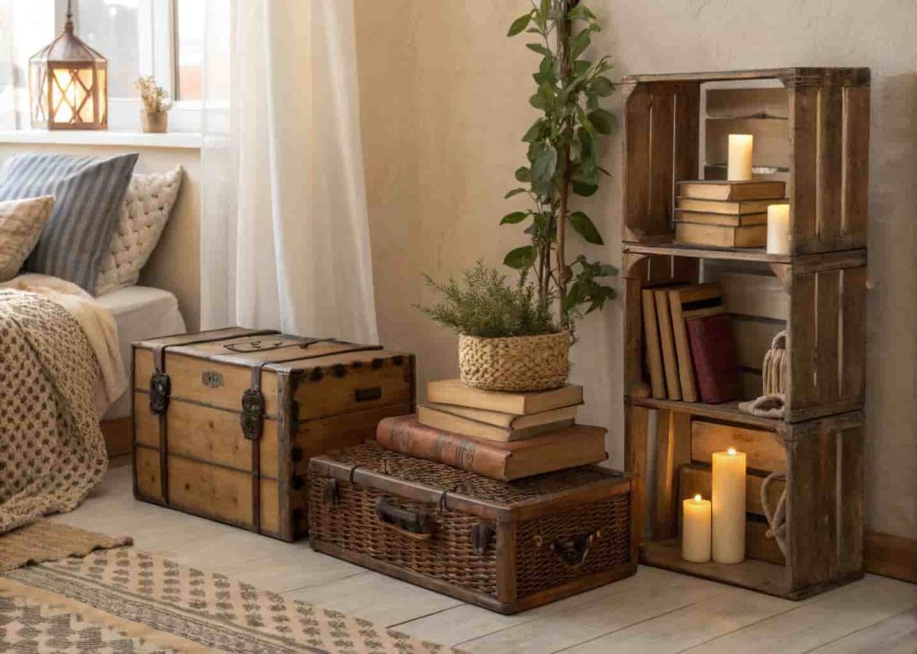 Bohemian bedroom with stacked wooden crates as open shelves, a vintage trunk at the bed foot, and a wicker basket in warm natural light