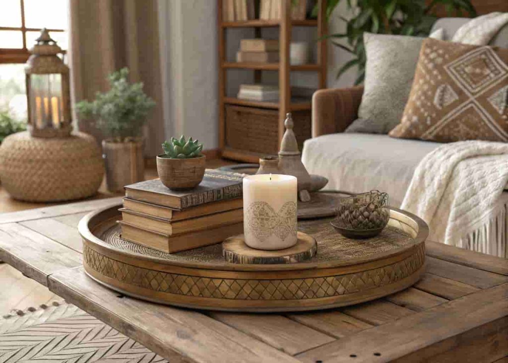 A bohemian wooden coffee table with a styled brass or wooden tray holding a stack of books, small pillar candle, tiny succulent plant, and a smooth decorative stone, earthy living room setting, warm afternoon light, natural textures around, realistic interior photography