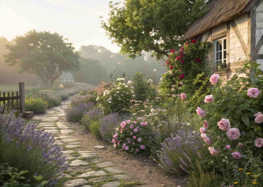 A romantic cottage garden with wild roses, lavender, and colorful wildflowers growing freely along a rustic stone path in morning light