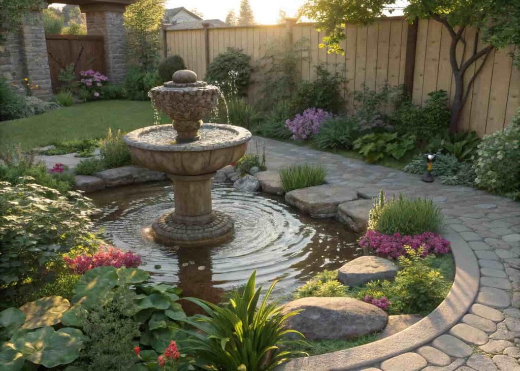 A peaceful garden with a stone water fountain surrounded by green plants, with sunlight reflecting off the water surface