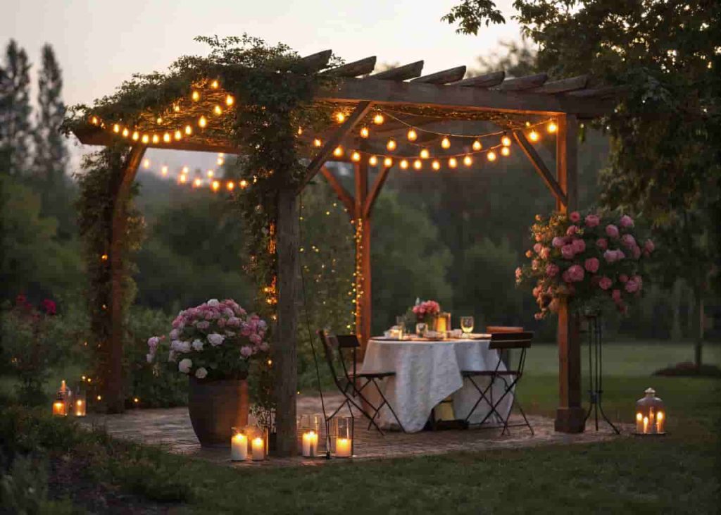Warm golden string lights hanging over a garden pergola at dusk, creating a cozy and magical outdoor dining atmosphere