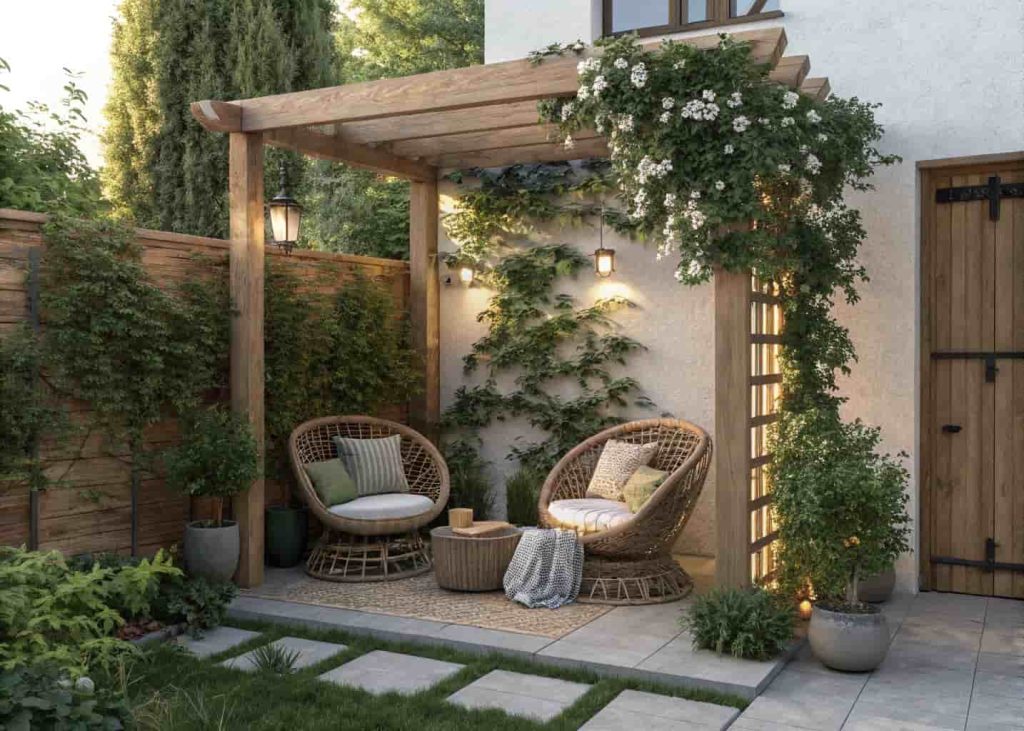 A cozy garden nook with rattan chairs under a wooden pergola surrounded by jasmine and lush plants in warm afternoon light