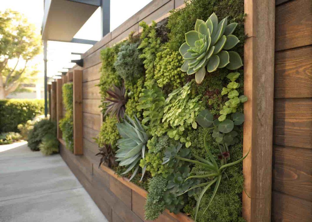 A lush vertical living wall garden on a wooden frame filled with succulents, herbs, and trailing green plants in natural sunlight