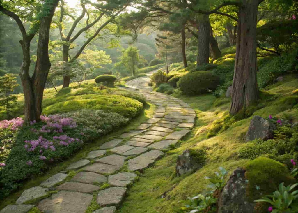 A winding stone pathway with moss between stones, lined with flowering plants and herbs, winding through a green sunlit garden