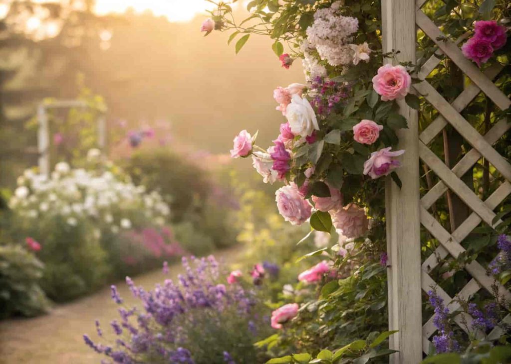 A sensory garden filled with pink roses, purple lavender, and white jasmine blooms bathed in warm golden sunlight