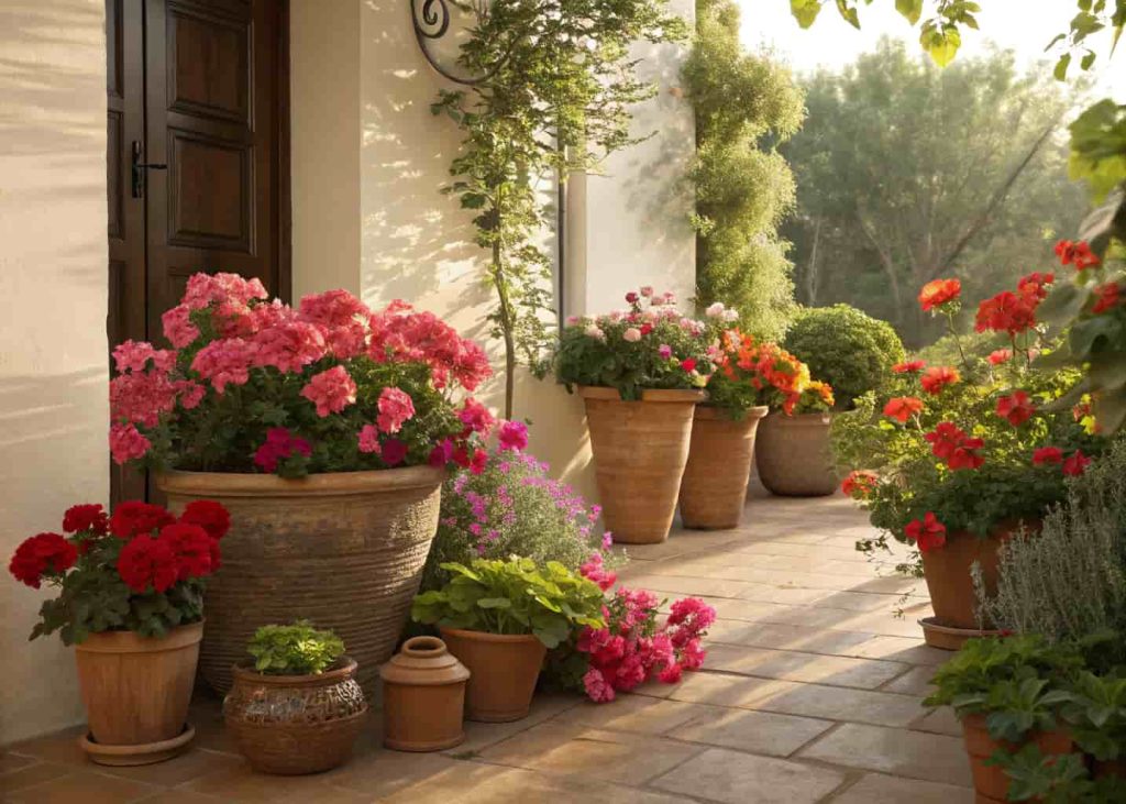 A colorful collection of terracotta and ceramic pots with blooming geraniums, petunias, and trailing plants on a sunny garden patio
