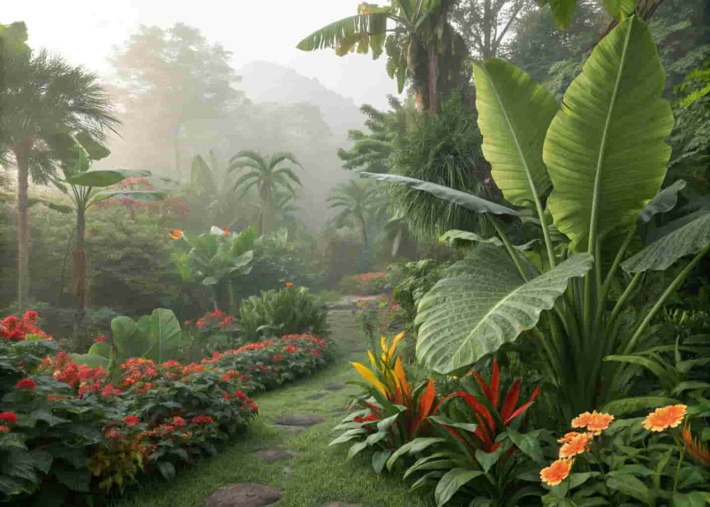 A lush tropical garden with giant banana leaves, elephant ears, and bright hibiscus flowers creating a vibrant paradise atmosphere